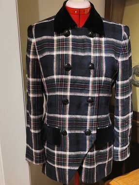 Women's Black Plaid Double-Breasted Pea Coat
